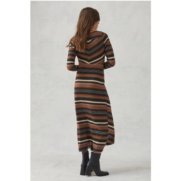 New Anthropologie Maeve Striped Long Sleeve Wrap Midi Dress brown black geo - Picture 3 of 4